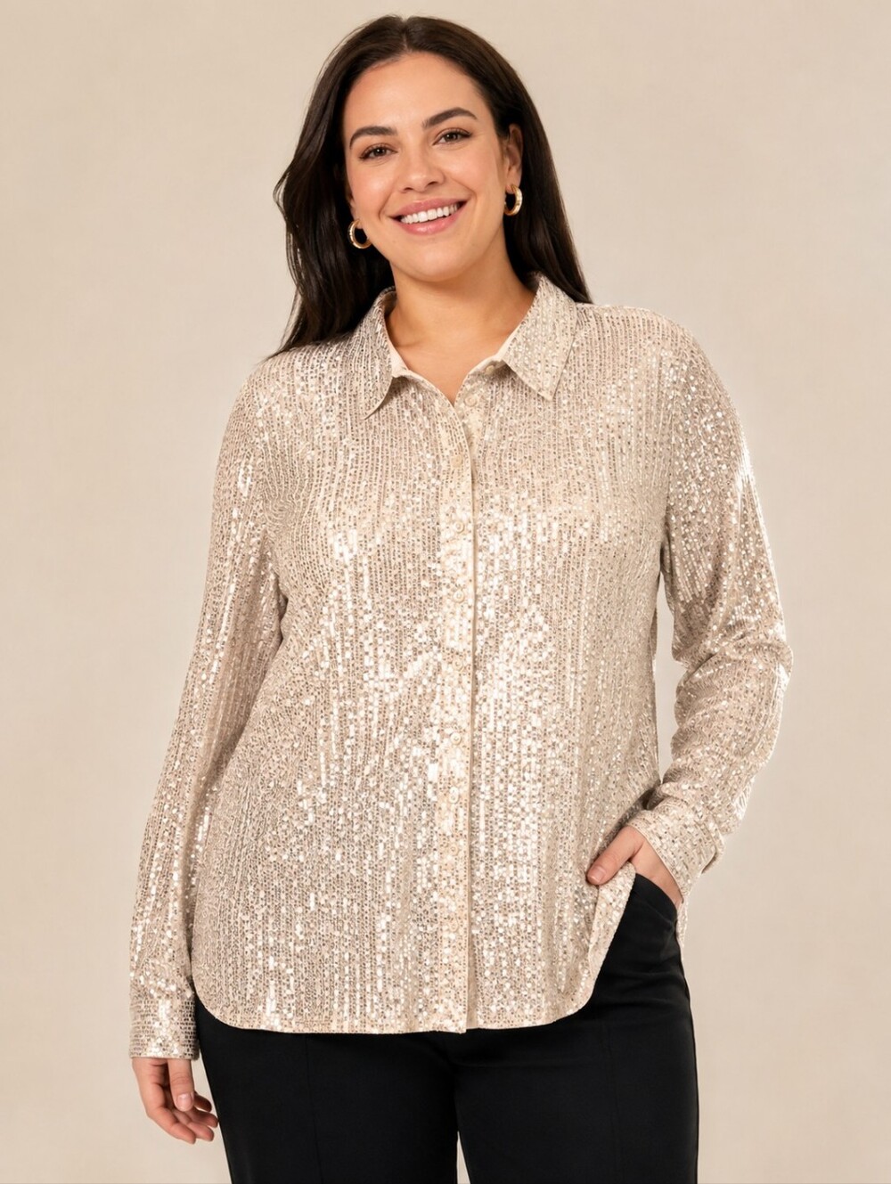 Vince Camuto Sequin Blouse Button Down T-shirt Silver Sparkle Party Size 2X